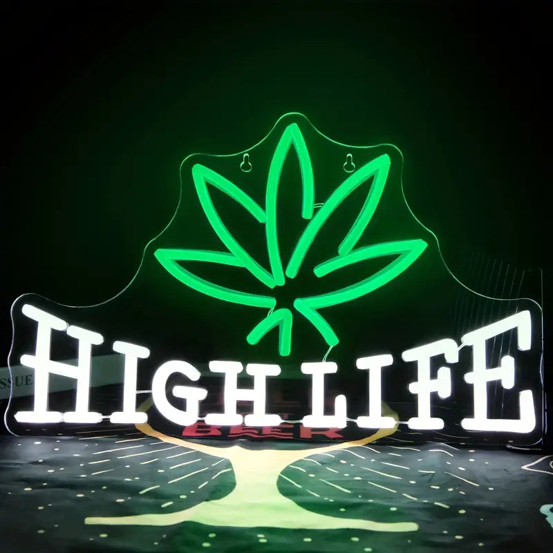 High Life neon sign with cannabis leaf design