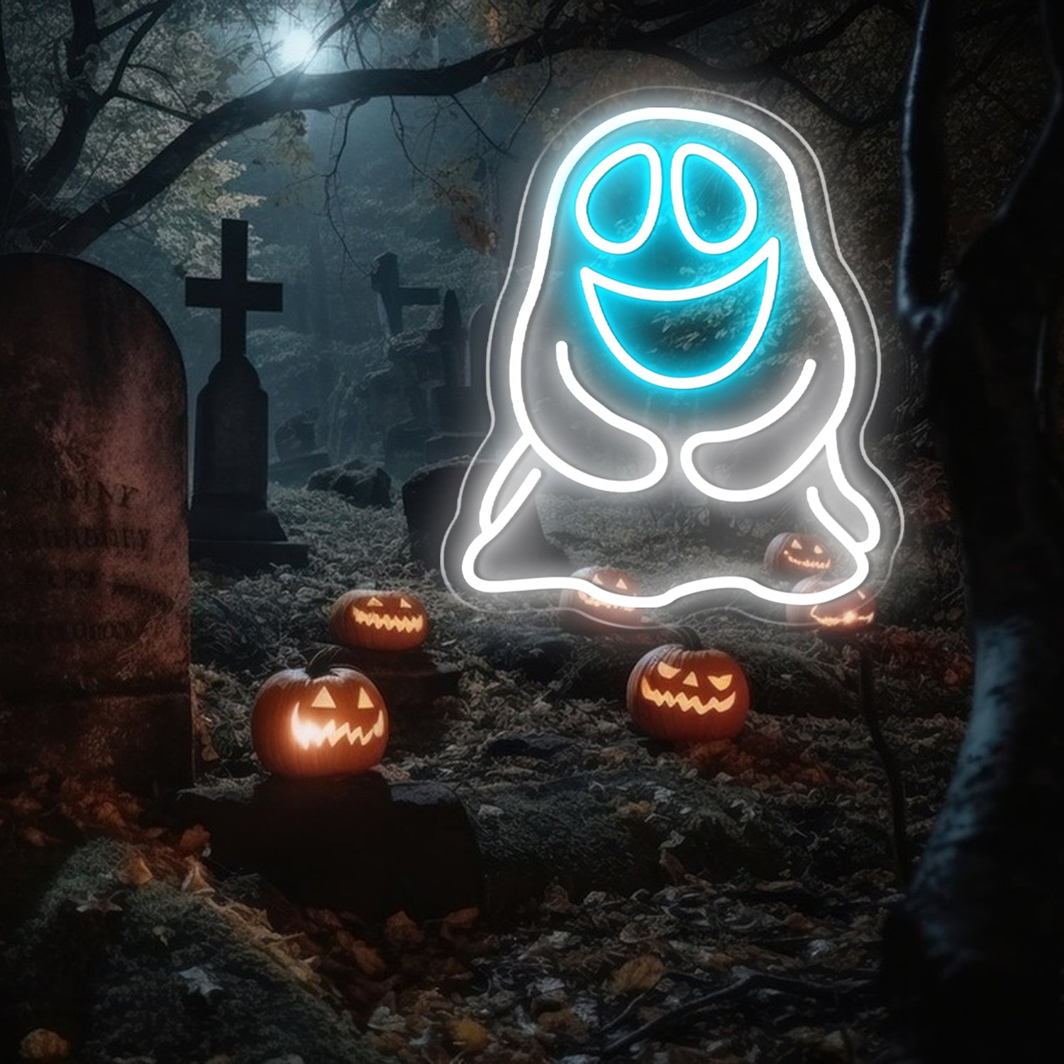 LED Neon Ghost Sign in a Graveyard. Halloween decoration.