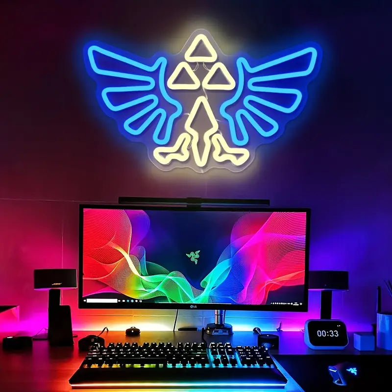 Gaming setup with Eagle neon sign