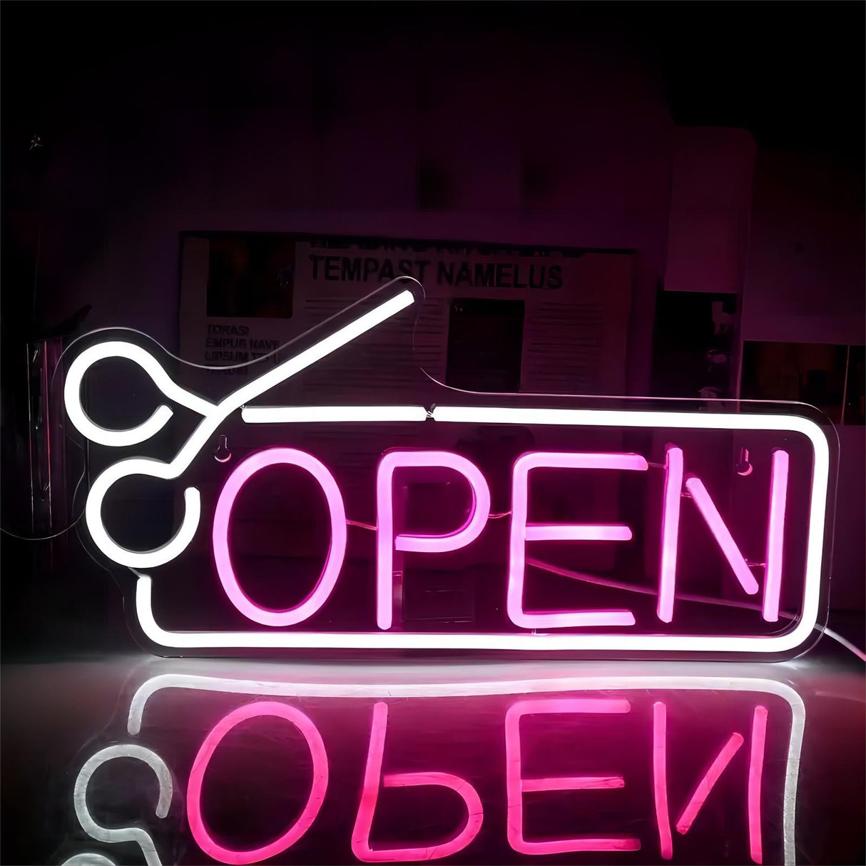 Neon OPEN sign with scissors for barber shop