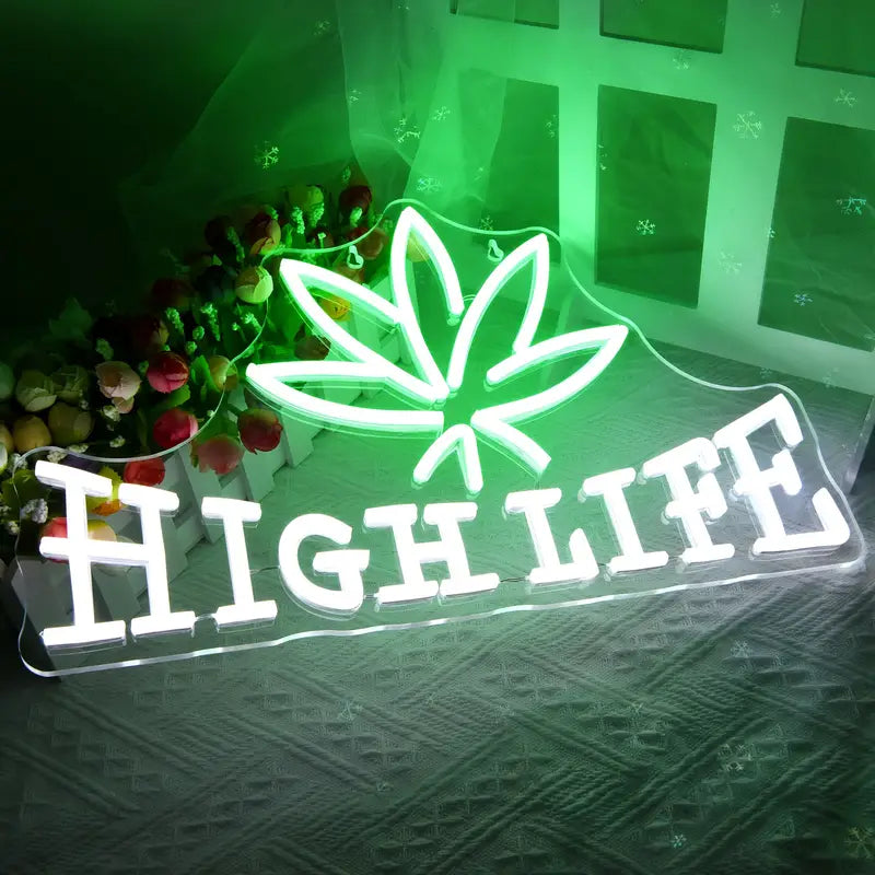 High Life neon sign with cannabis leaf design
