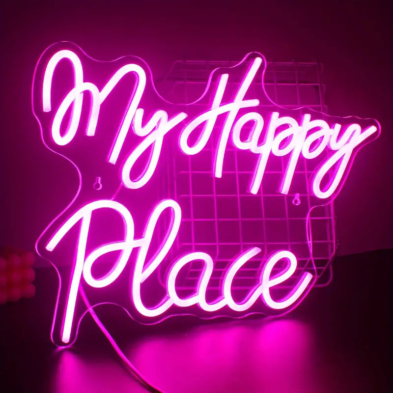 Pink neon My Happy Place sign for home decor