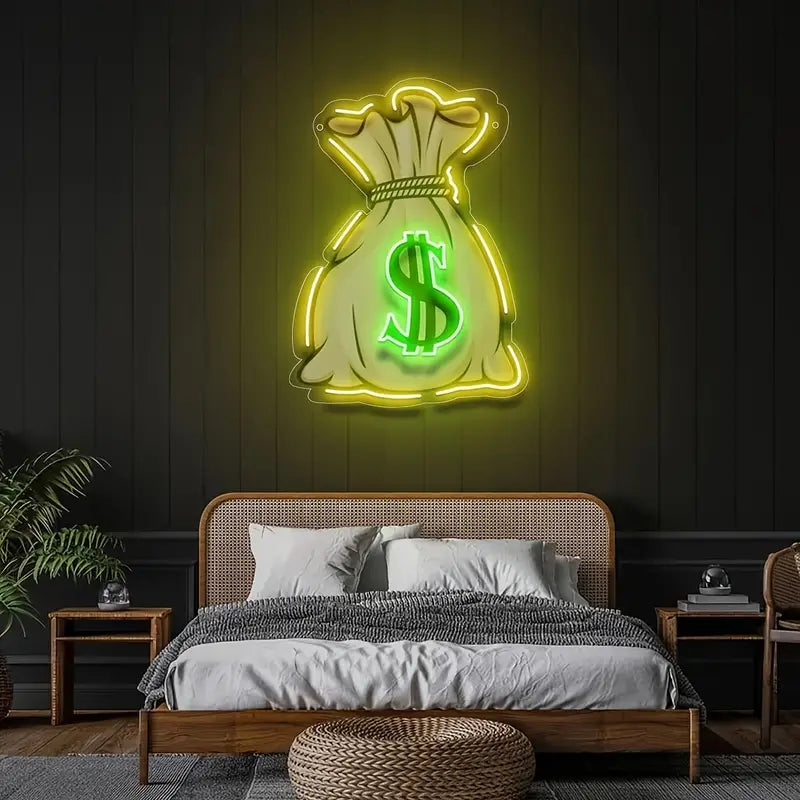 Dollar money bag neon light in a bedroom