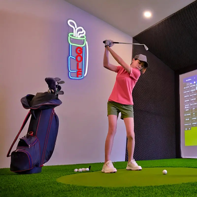Woman swings golf club, golf bag neon light on the wall