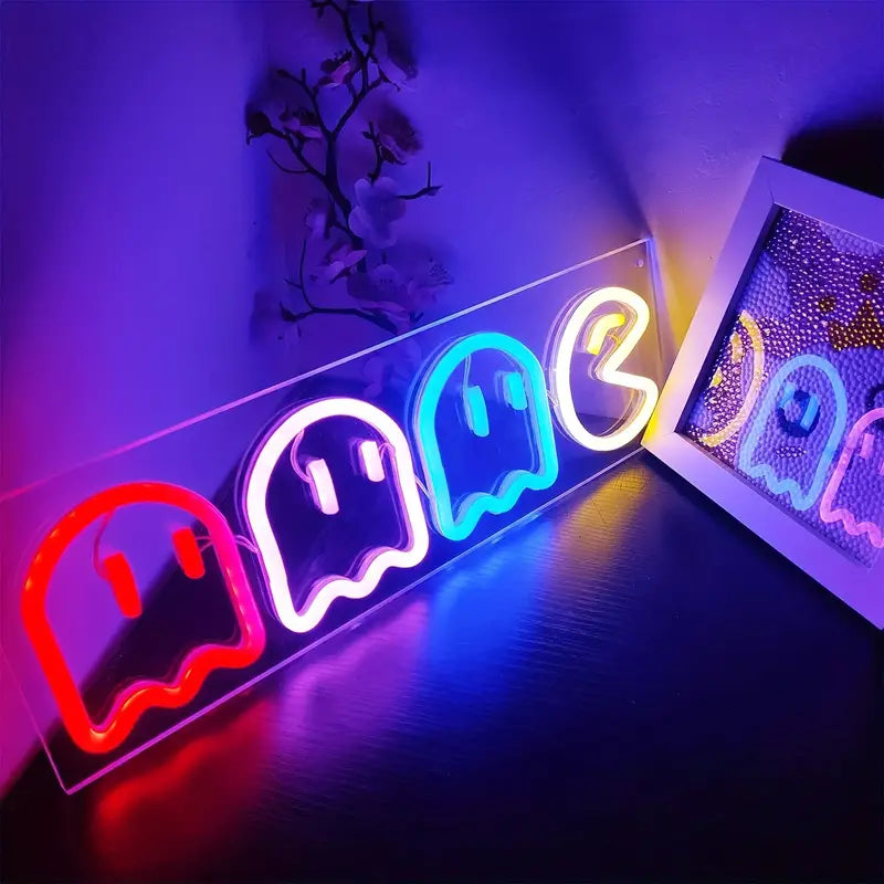 LED neon Pac-Man ghost sign, gaming room decor