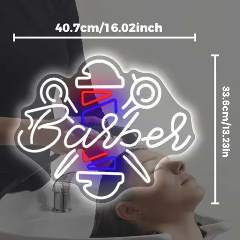 Barber neon sign with customer hair wash