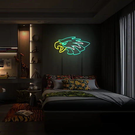 Modern bedroom with eagle head neon sign light