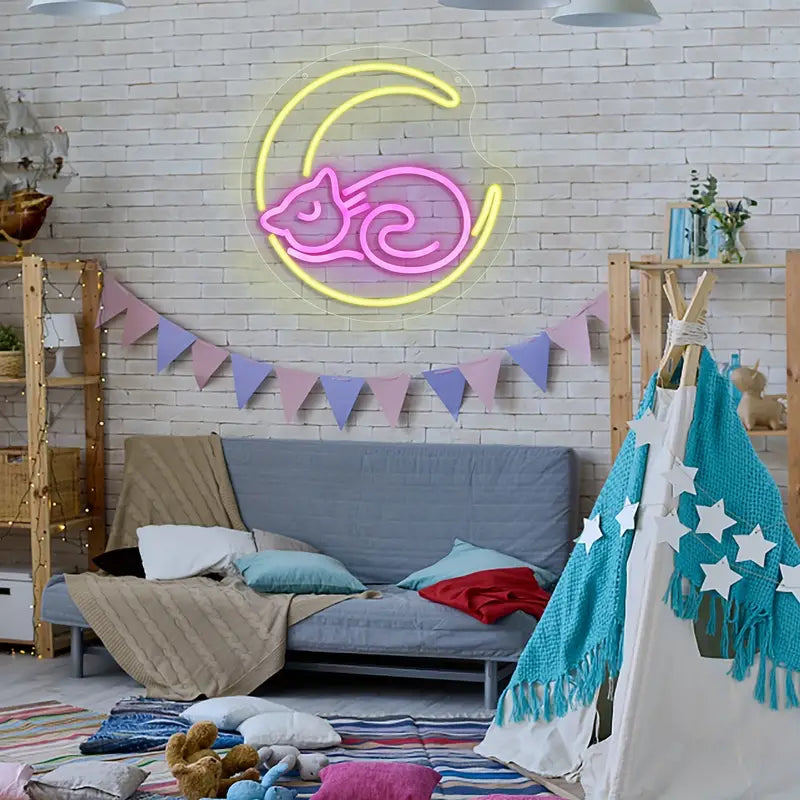 Moon cat neon sign decor in a kid's bedroom
