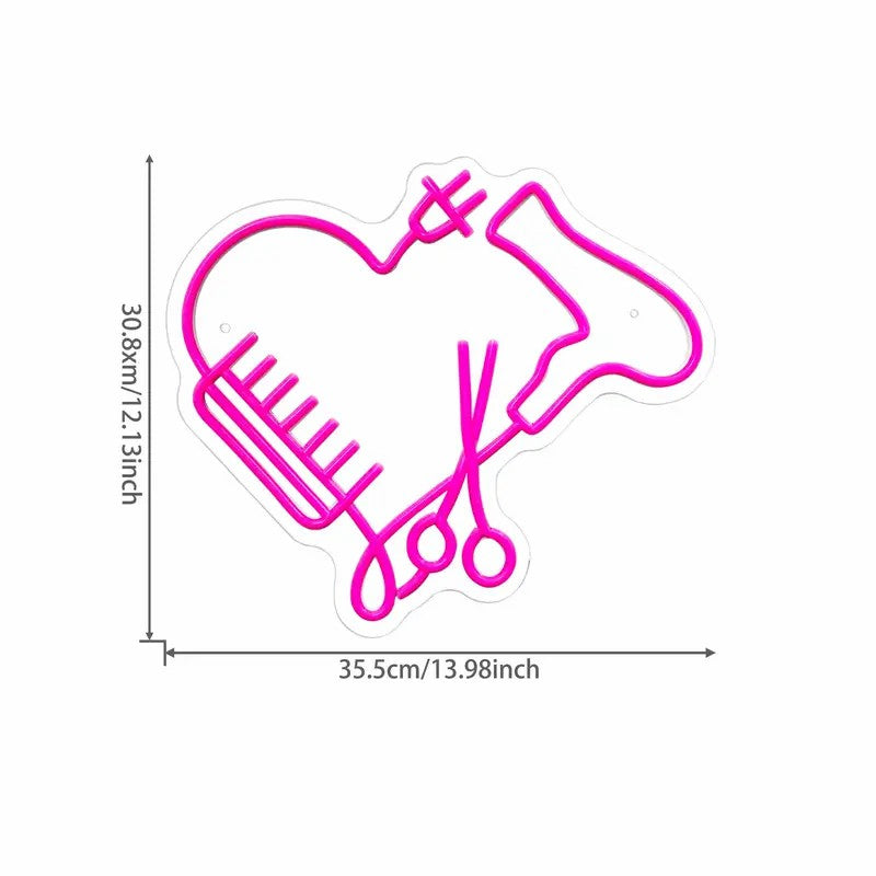 Pink neon barber shop sign with heart shape and tools