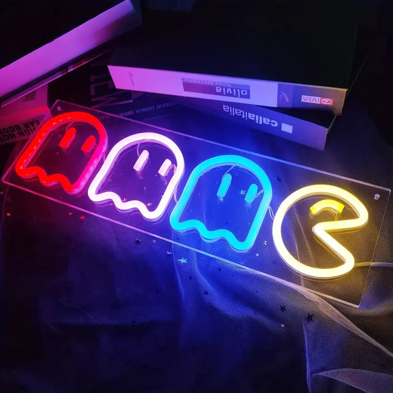 Pac-Man and ghost neon light sign, game room decor