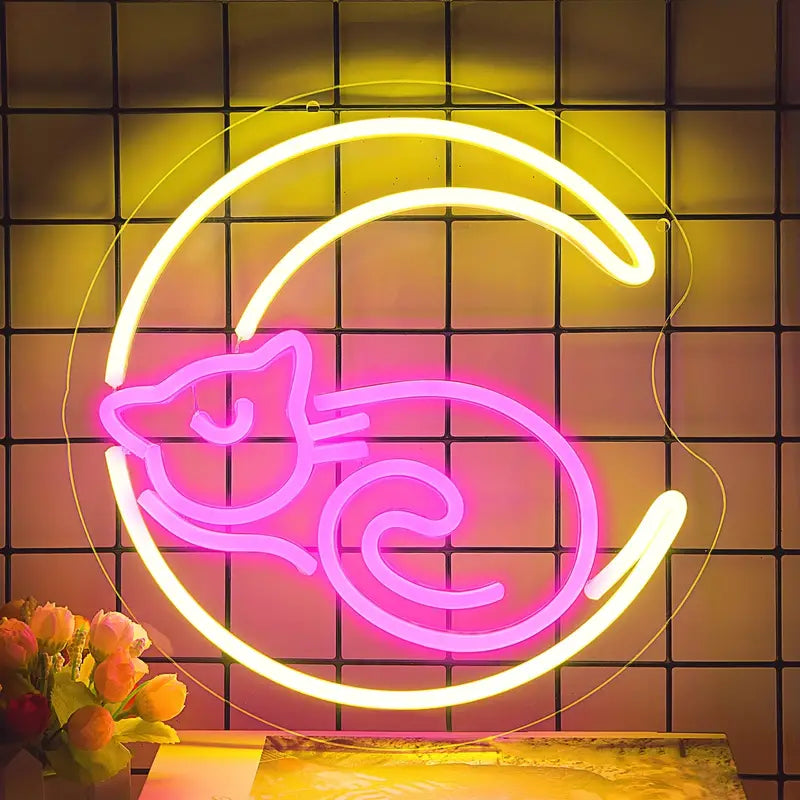 Pink neon cat sleeping in yellow moon, LED sign
