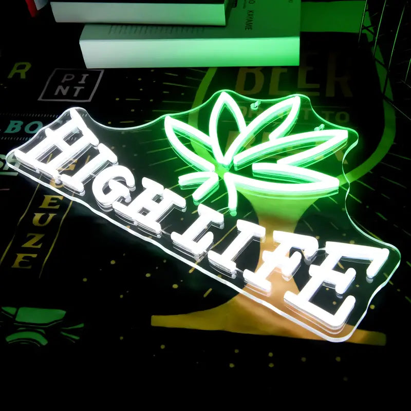 HIGH LIFE Neon Sign Light with Cannabis Leaf