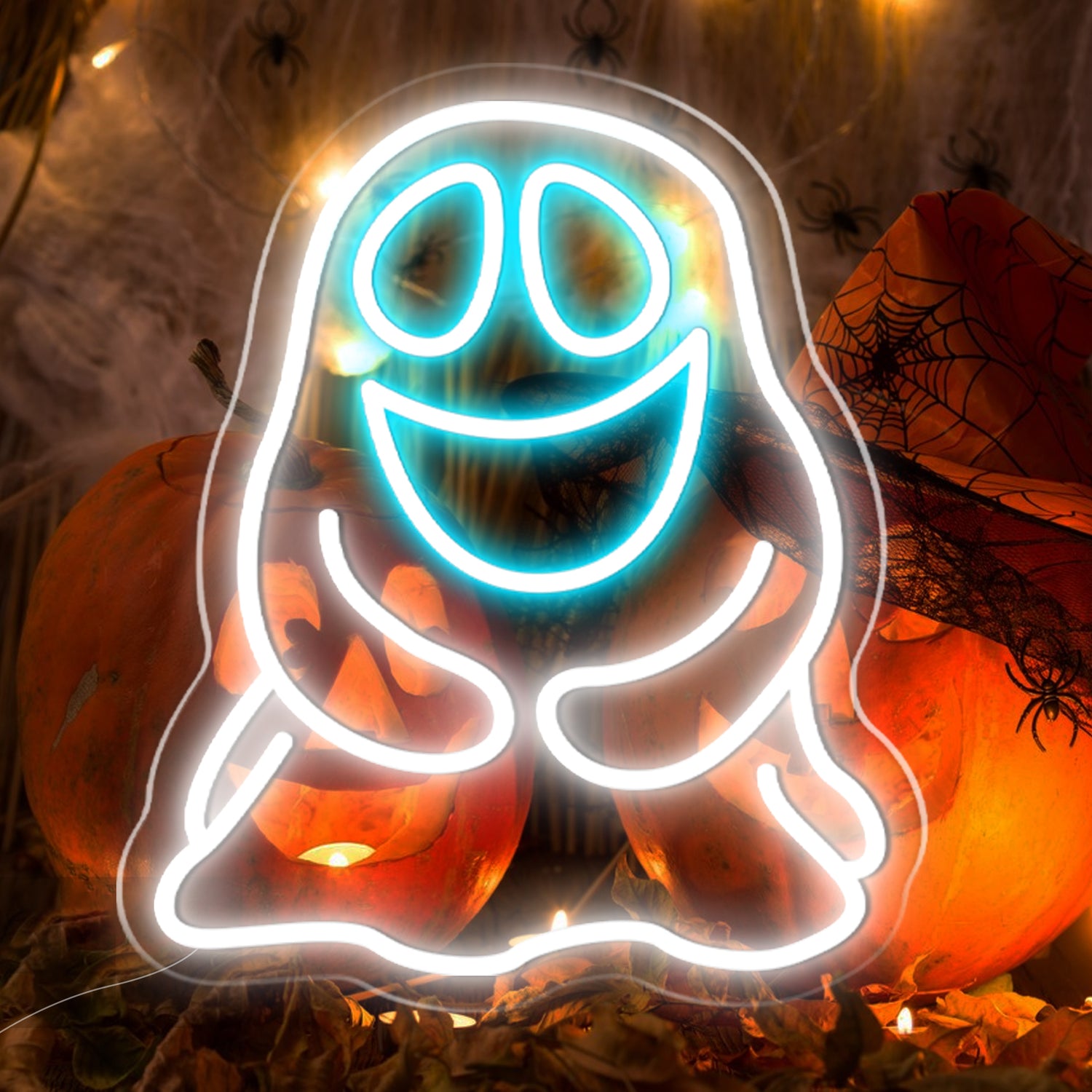 Glowing Wraith LED Neon Sign Light with pumpkins.