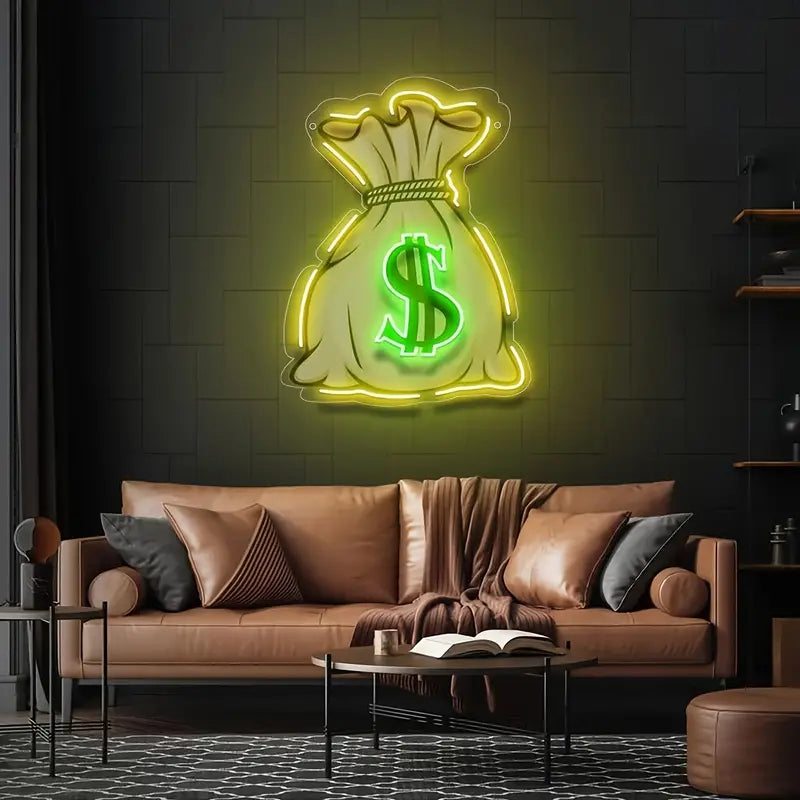 Neon money bag sign above a leather couch