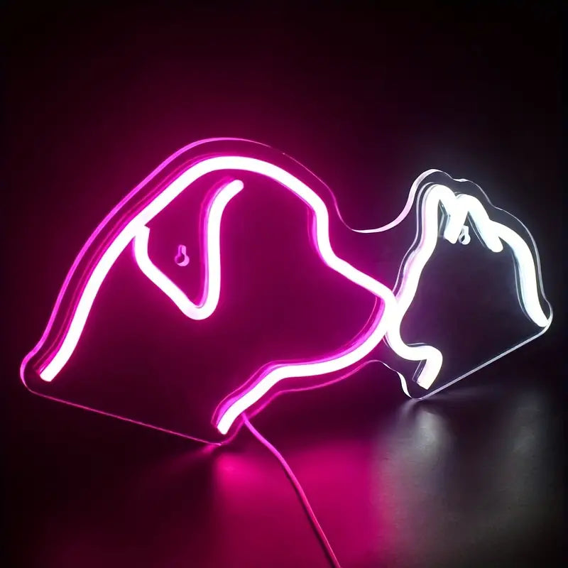 Neon dog and cat sign in pink and white light, pet decor