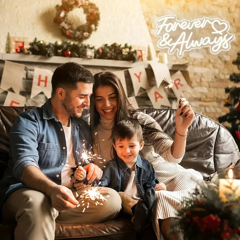 Family celebrating with Forever & Always neon sign