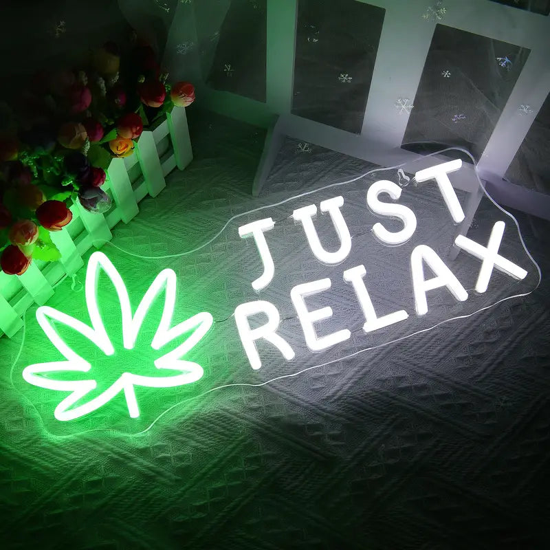 Just Relax neon sign with leaf