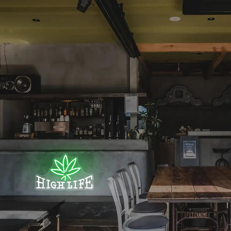 High Life neon sign cafe interior