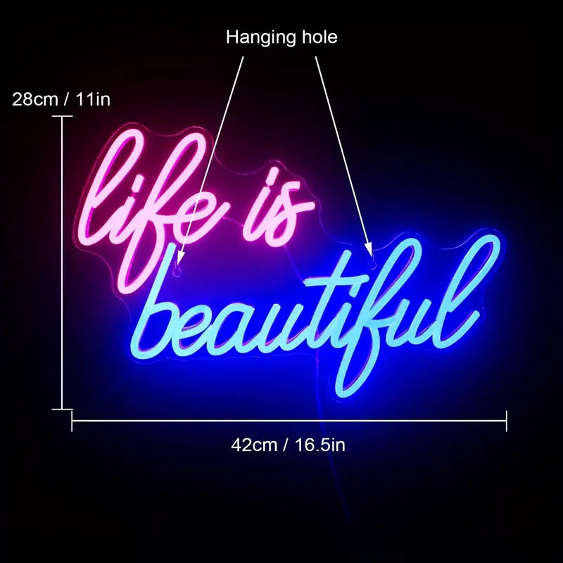 Life is Beautiful LED Neon Sign, pink and blue lighting
