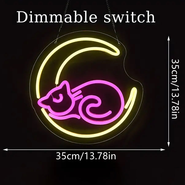 Moon Cat LED Neon Sign, Dimmable Light