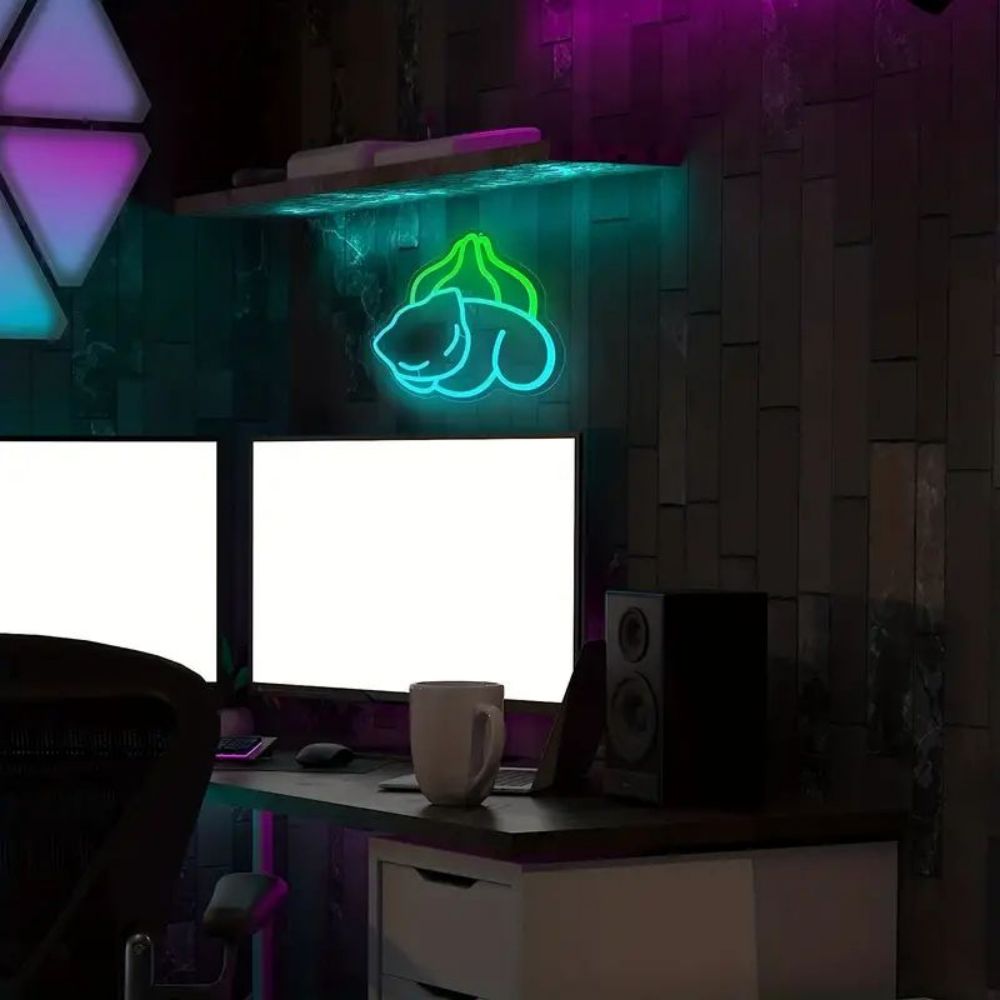 Bulbasaur neon sign in a gaming setup