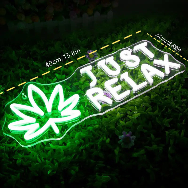 Green neon leaf sign, Just Relax, decorative LED light