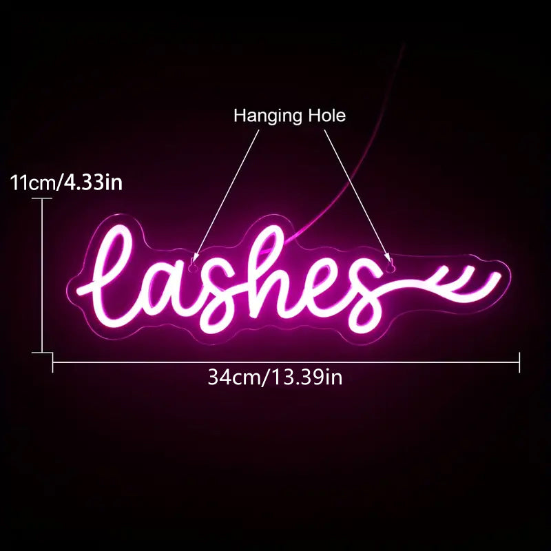 Pink neon lashes sign with measurements