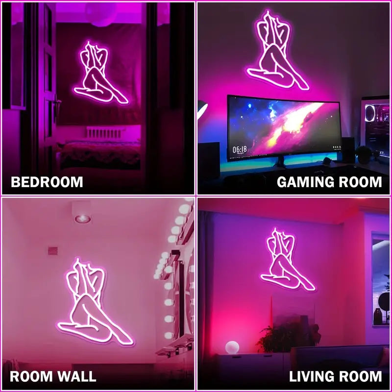 Neon sign light of a sitting woman in different rooms