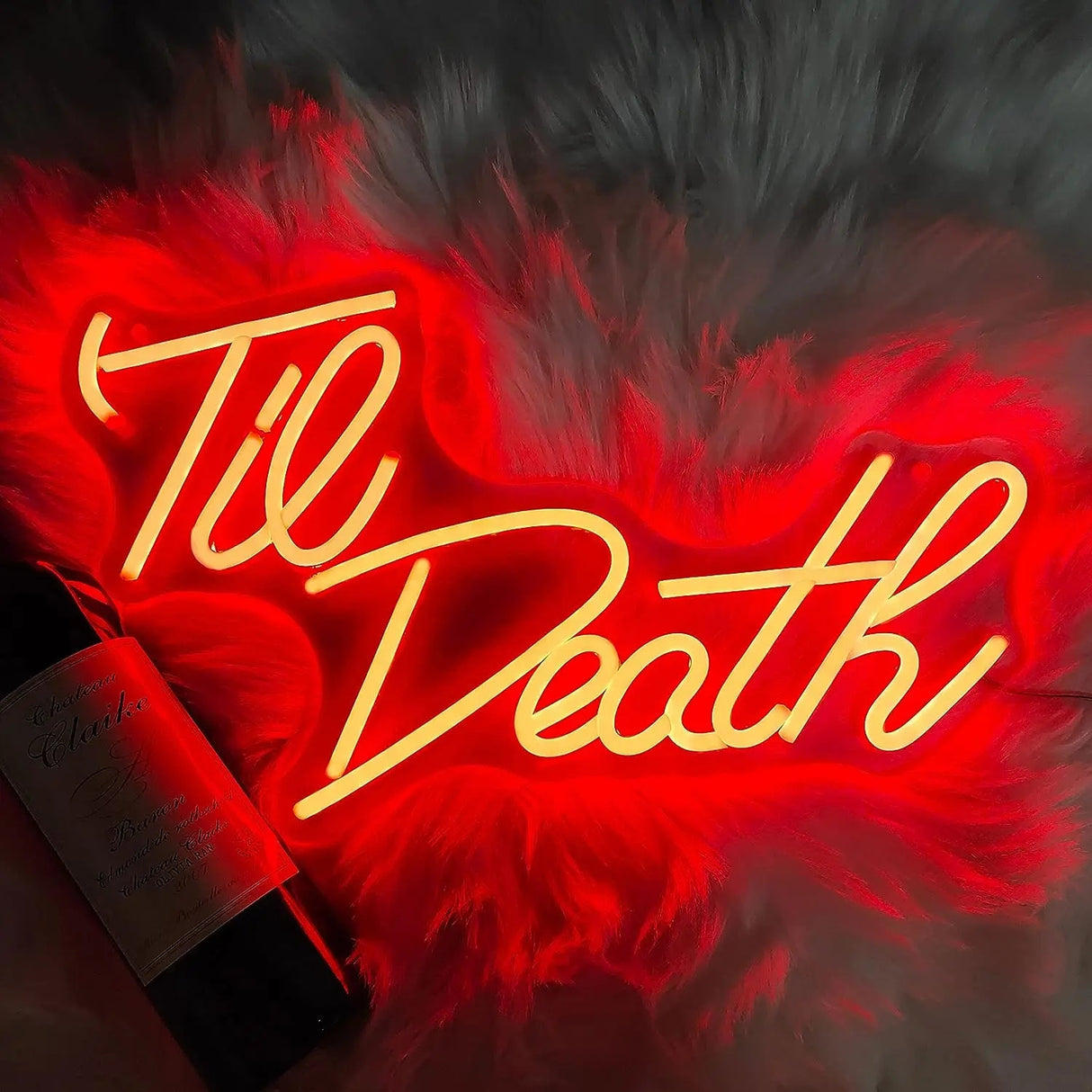 Til Death neon sign with wine bottle