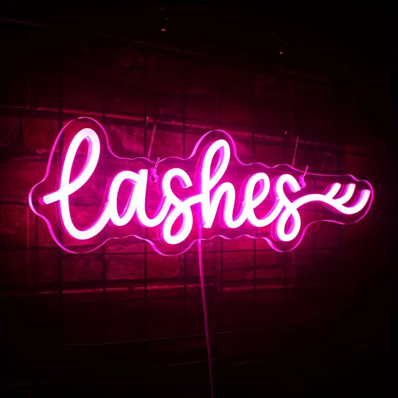 Pink neon lashes sign on brick wall, product image