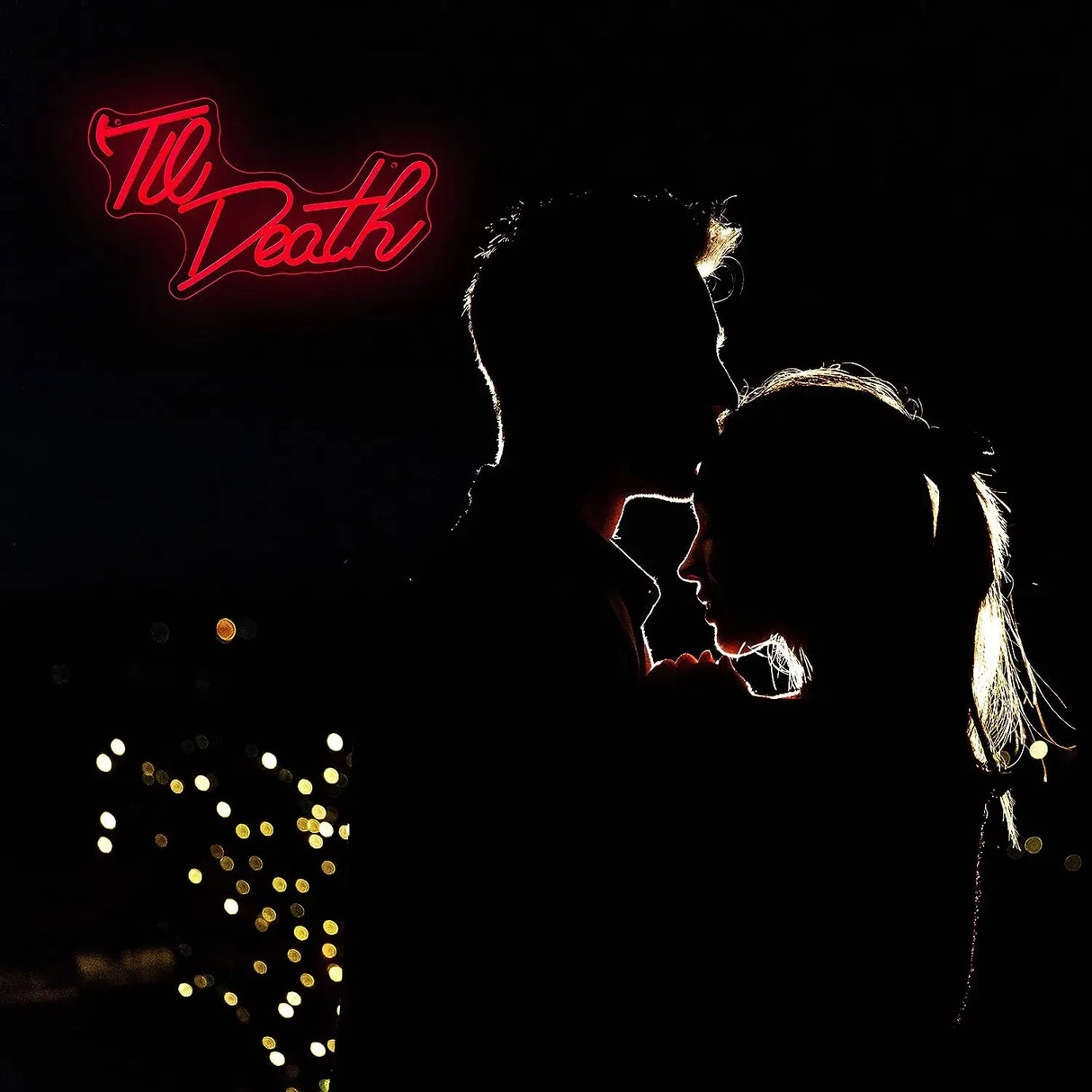 Romantic Til Death neon sign with couple silhouette