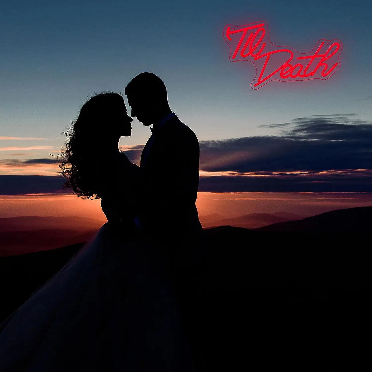 Couple silhouette with Til Death neon sign