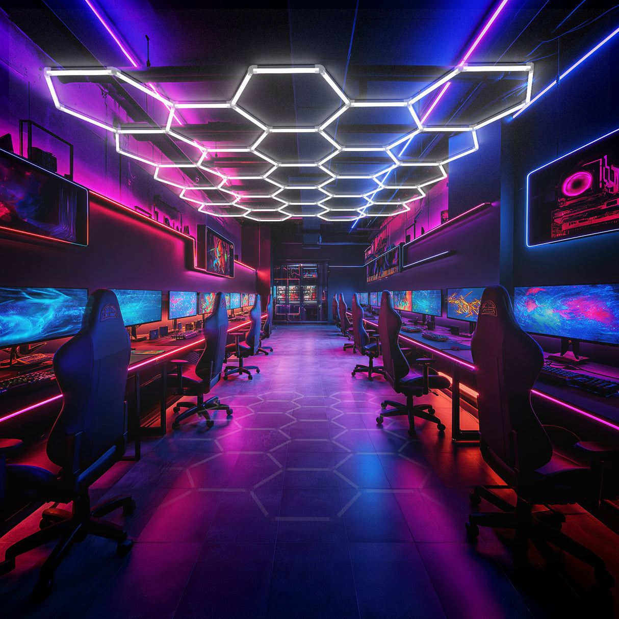 Gaming cafe lit with hexagon lights