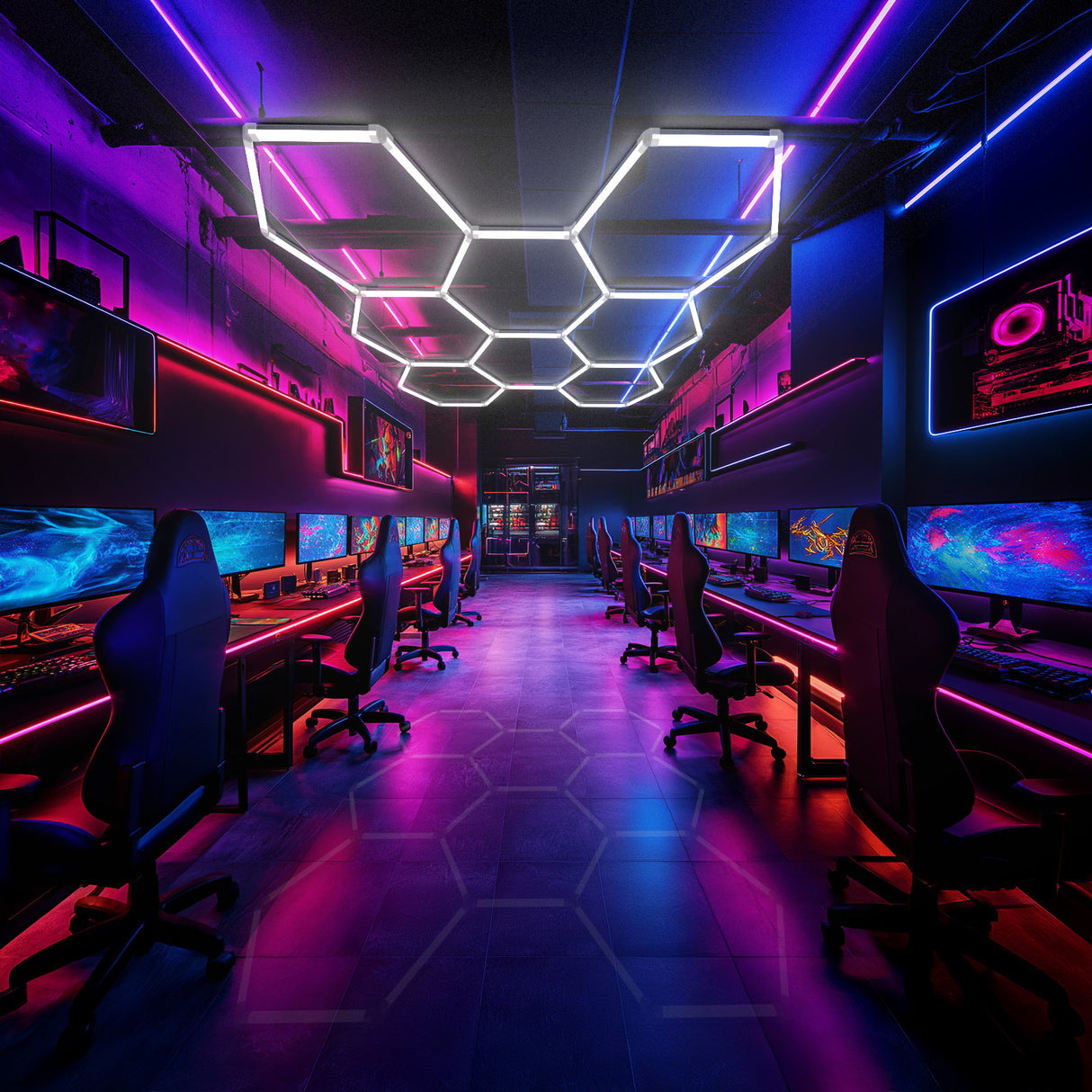 Hyperlite Hexagon LED lights in a modern gaming room