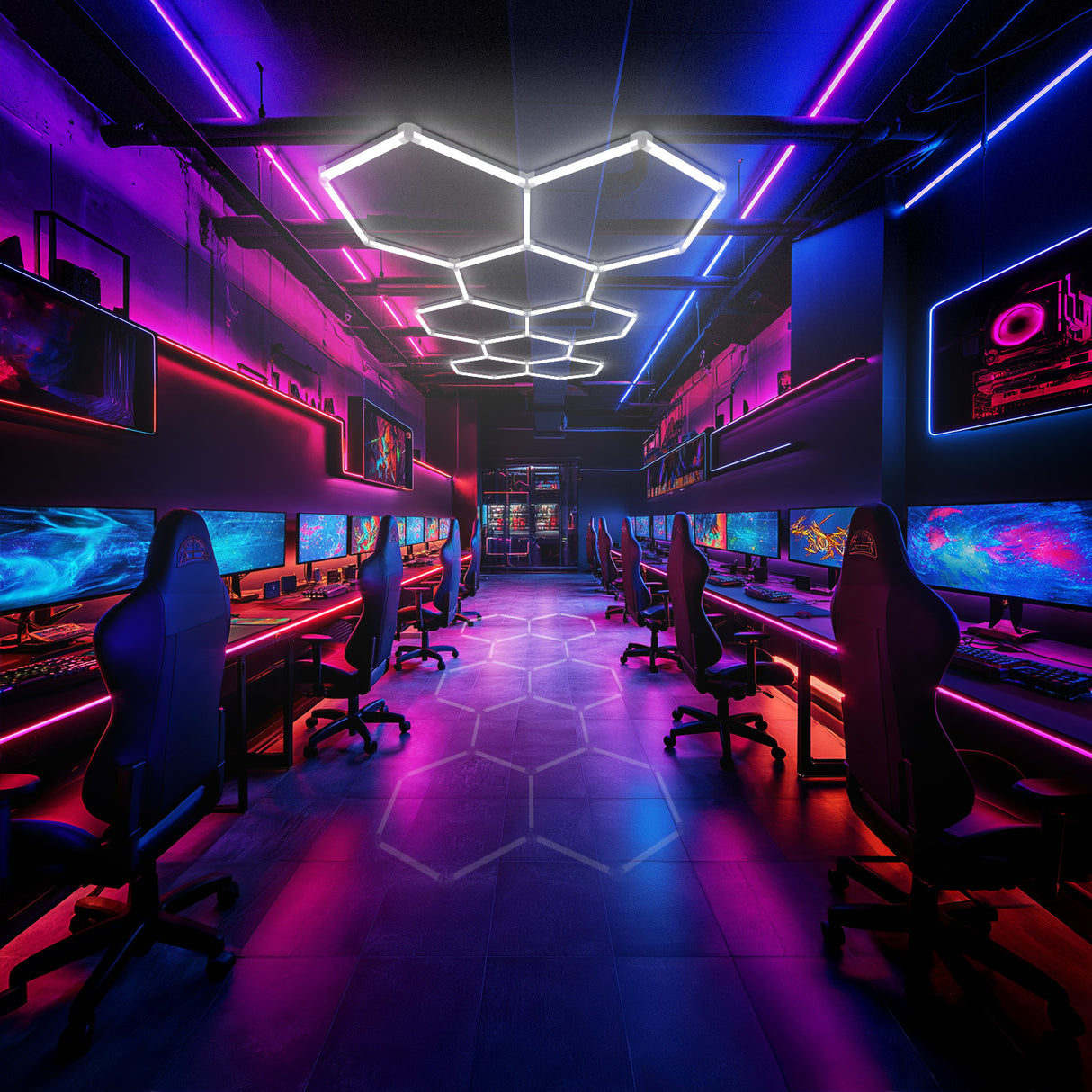 Hexagon LED lights illuminating a gaming room