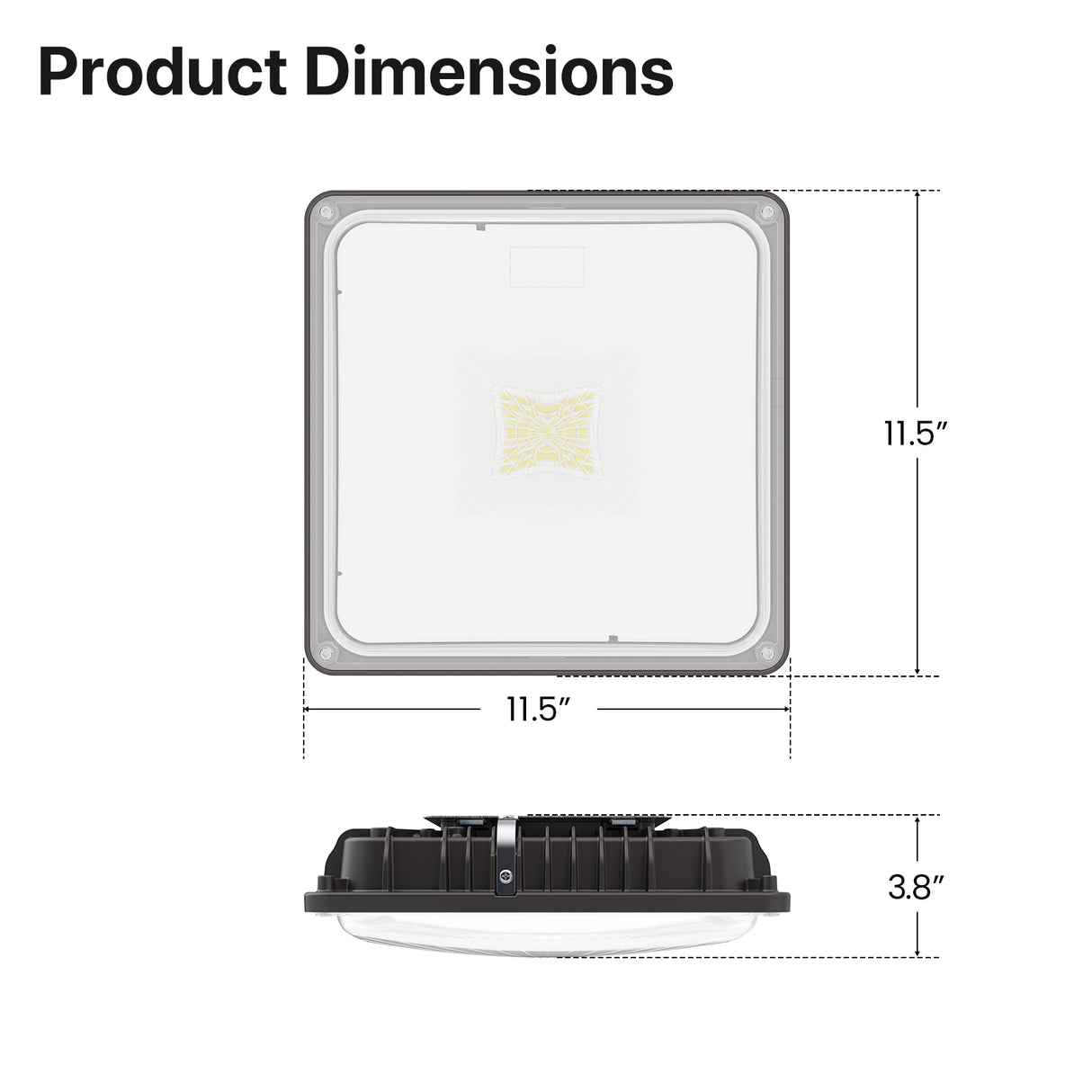 Canopy LED Light fixture dimensions: 11.5" x 11.5" x 3.8" - HPCP01 series