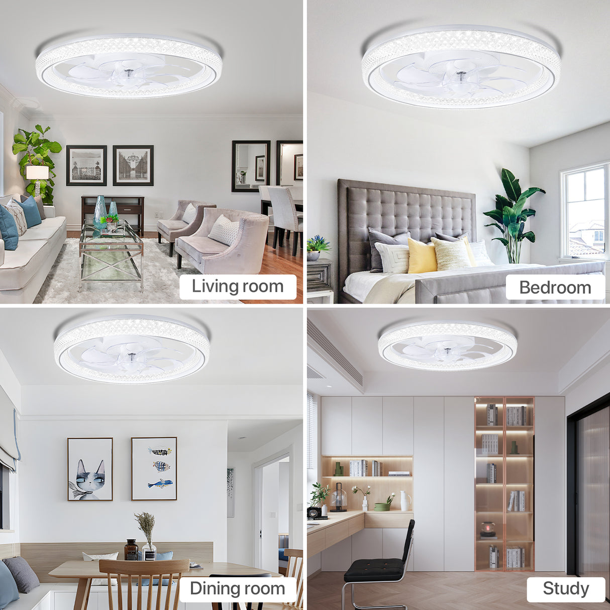 20" Flush-Mount Bladeless Ceiling Fan – Remote, Stepless Dimming 3000K-6500K, 6 Speeds, Modern.