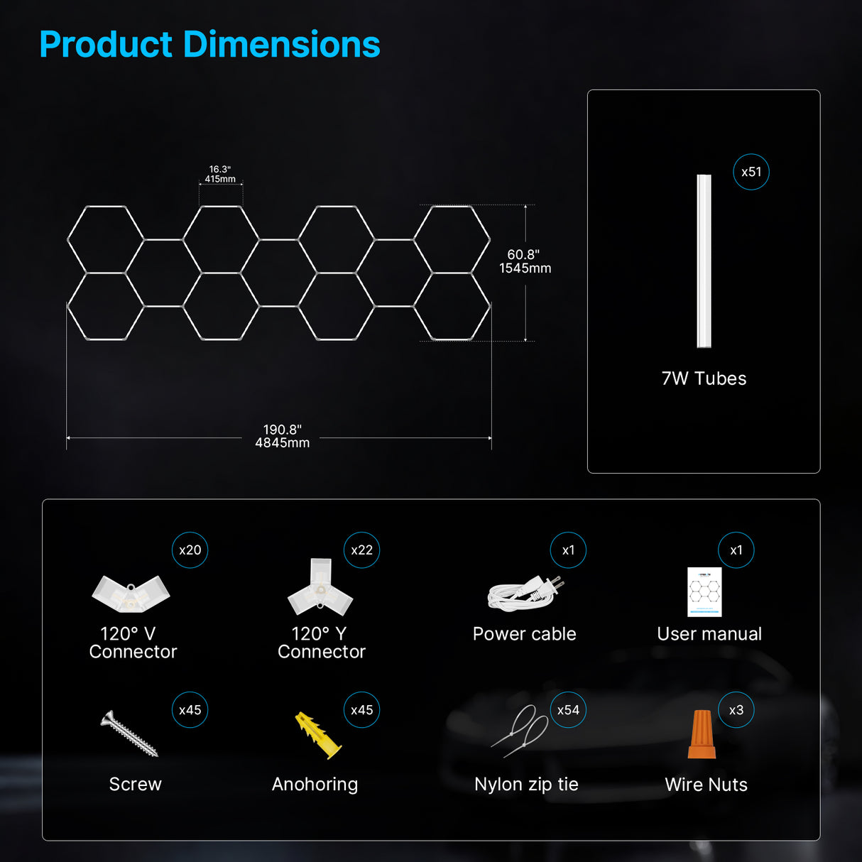 Hexagon Garage Lights Gen 2 - 11 Grid (15.9 x 5.1ft) Long