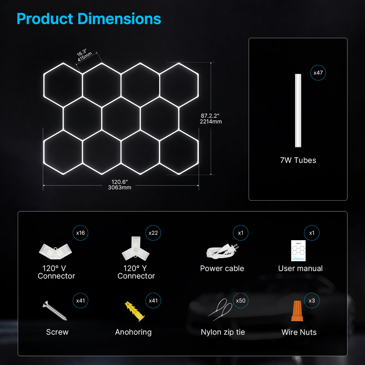Dimmable Hexagon Garage Lights Gen 2 - 11 Grid (10.0 x 7.3 ft)