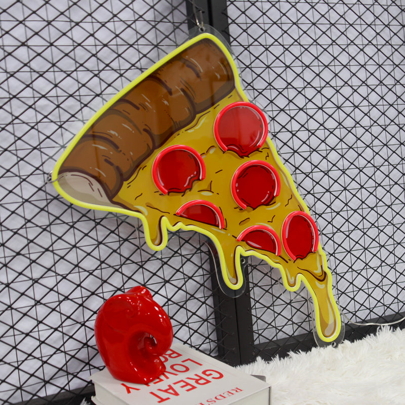 Pizza slice LED neon sign with pepperoni for restaurant decor