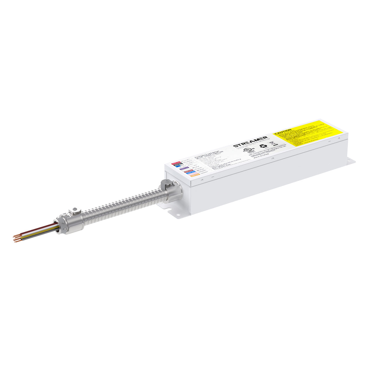 White rectangular emergency battery pack with flexible conduit and colored wires for HPLH01 series LED driver.
