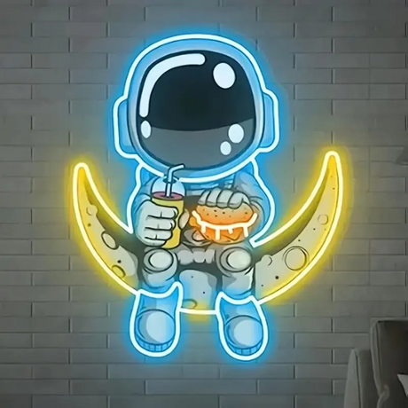 Neon astronaut sign eating burger on the moon