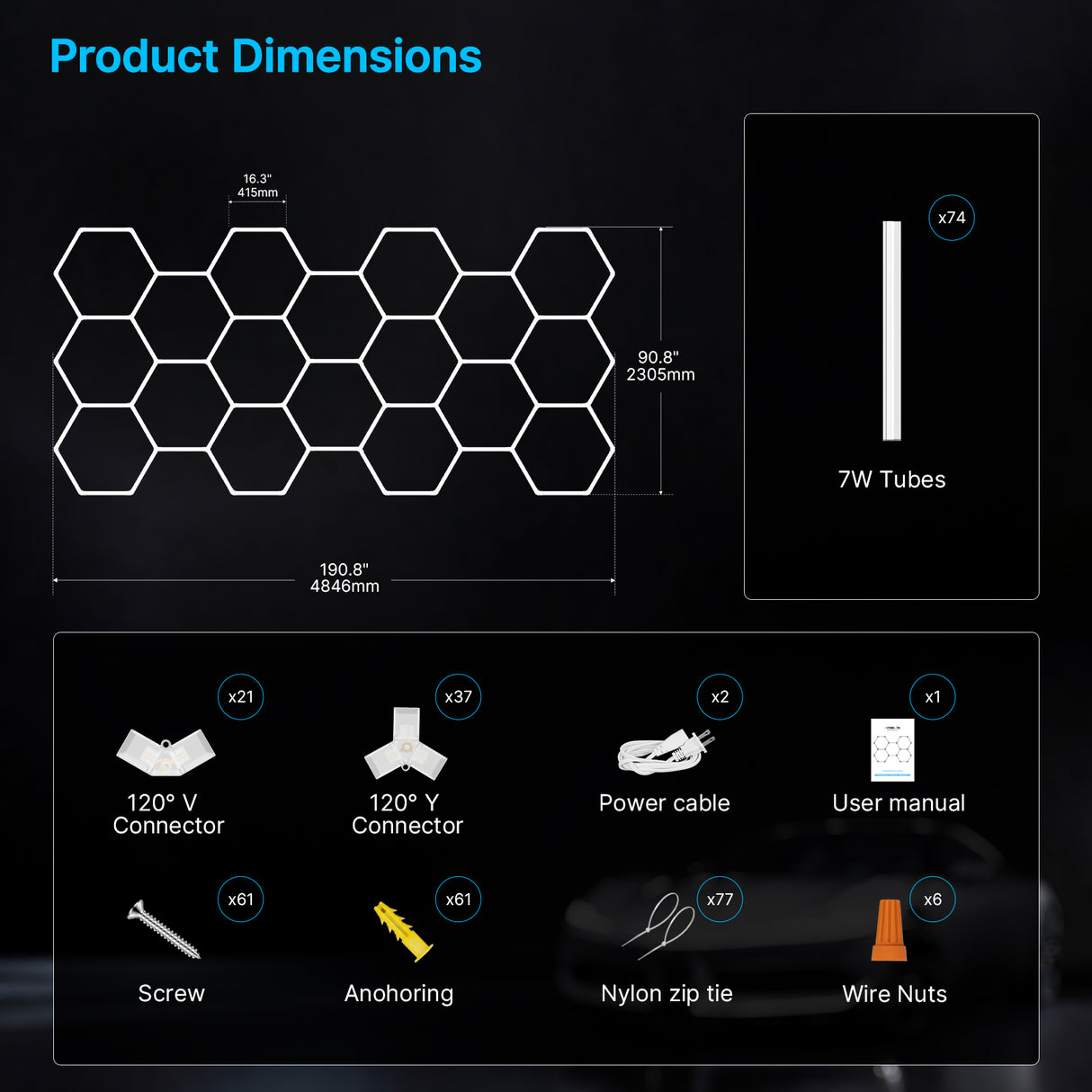 Hyperlite Hexagon Garage Lights Gen 2 - 18 Grid (15.9 x 7.6 ft)