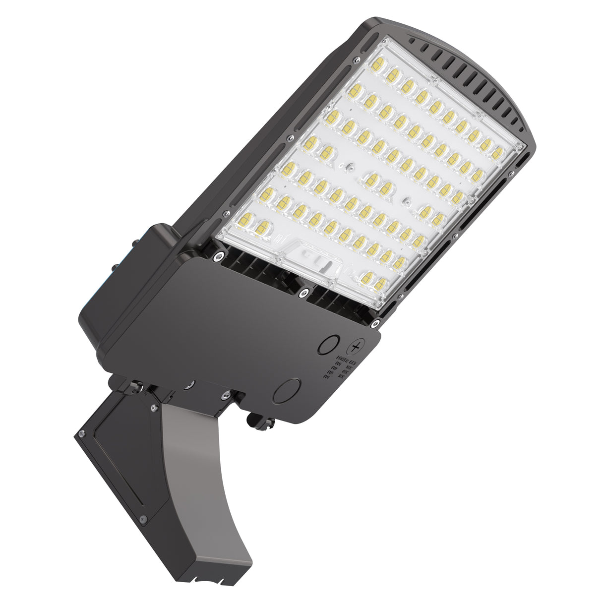 Parking lot LED light, adjustable mount, featuring 120V/277V/347V. Commercial outdoor lighting.
