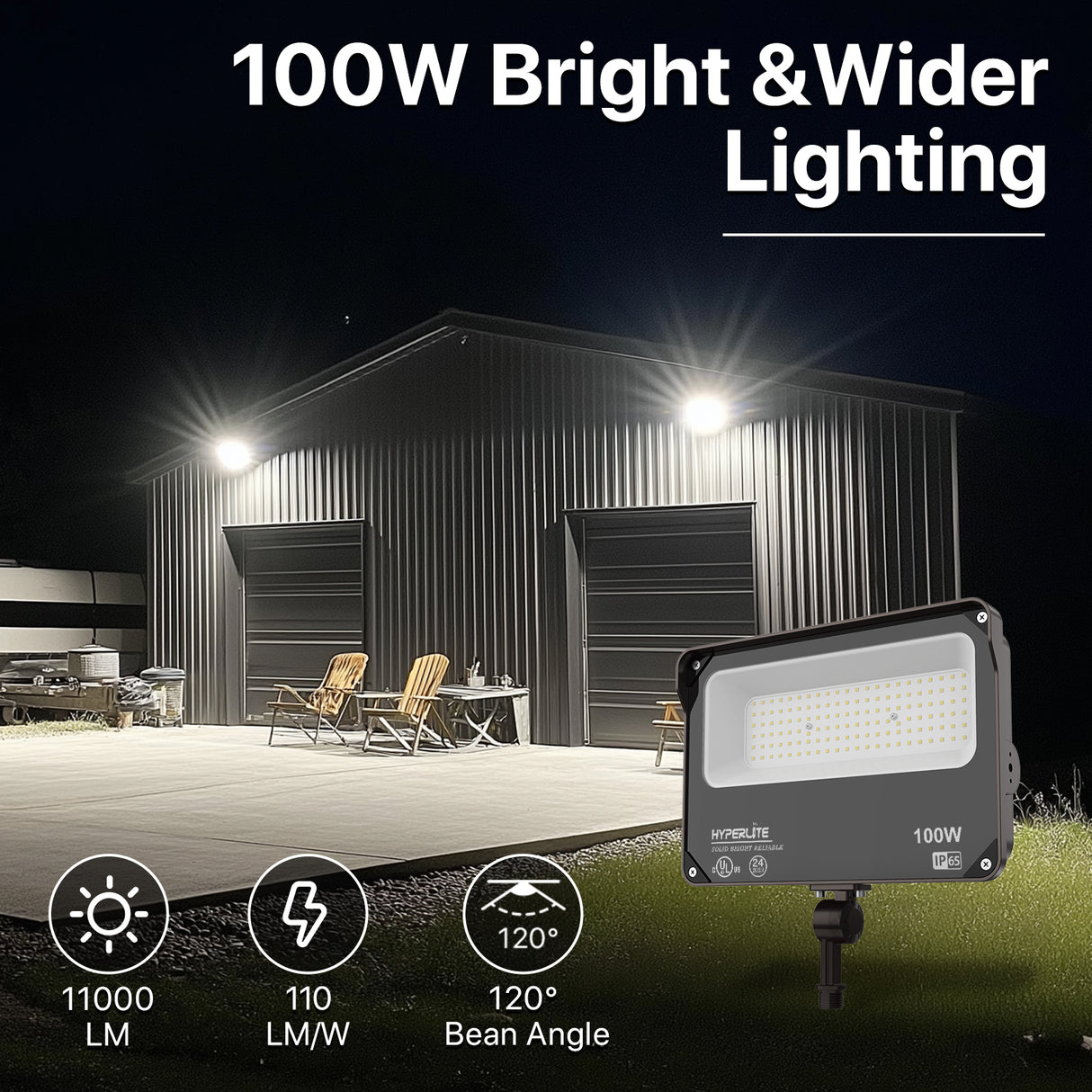 Hyperlite 100W LED Flood Light illuminating a building exterior