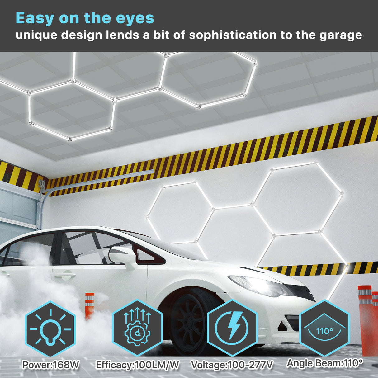 Hexagon garage lights illuminating a car