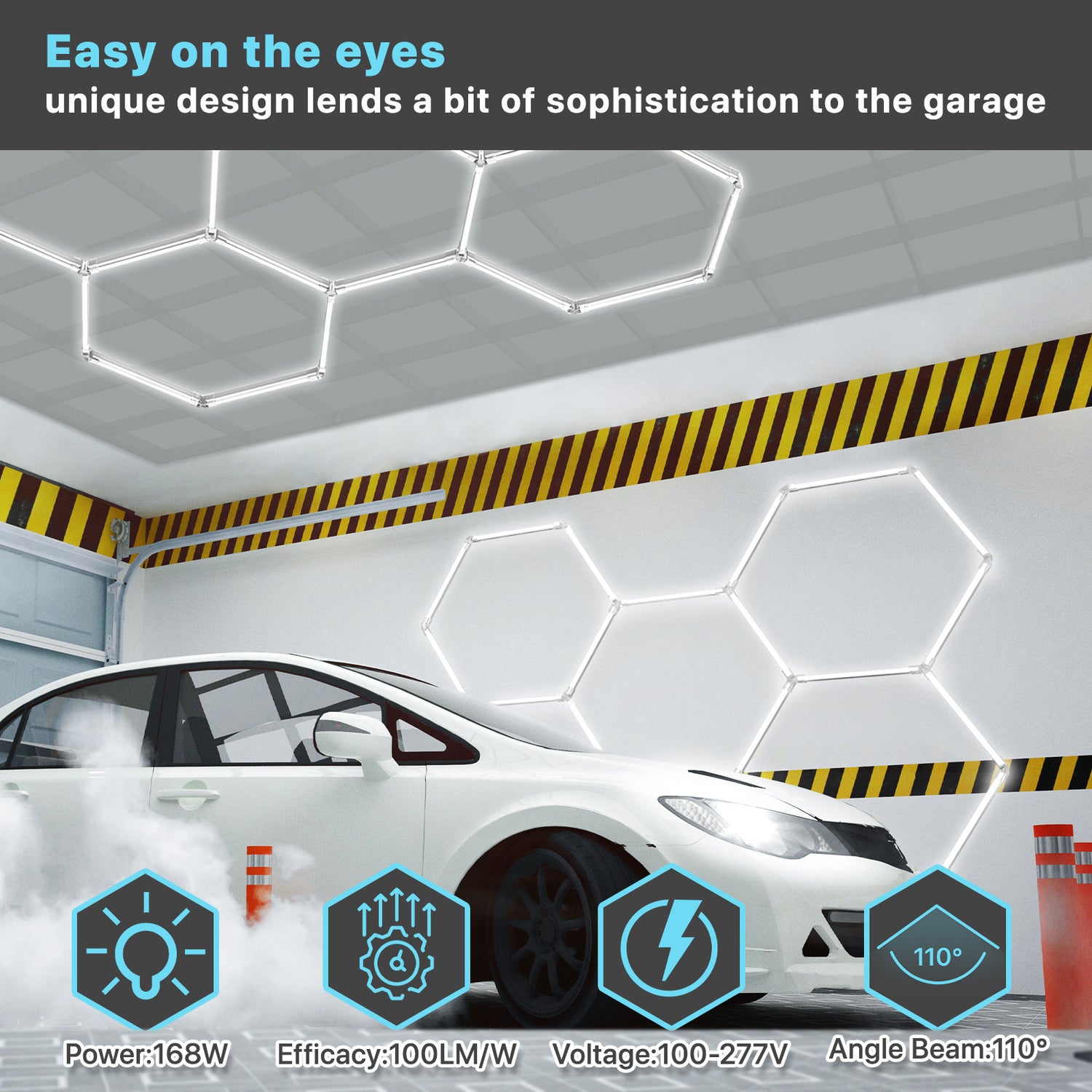 Hexagon garage lights illuminating a car