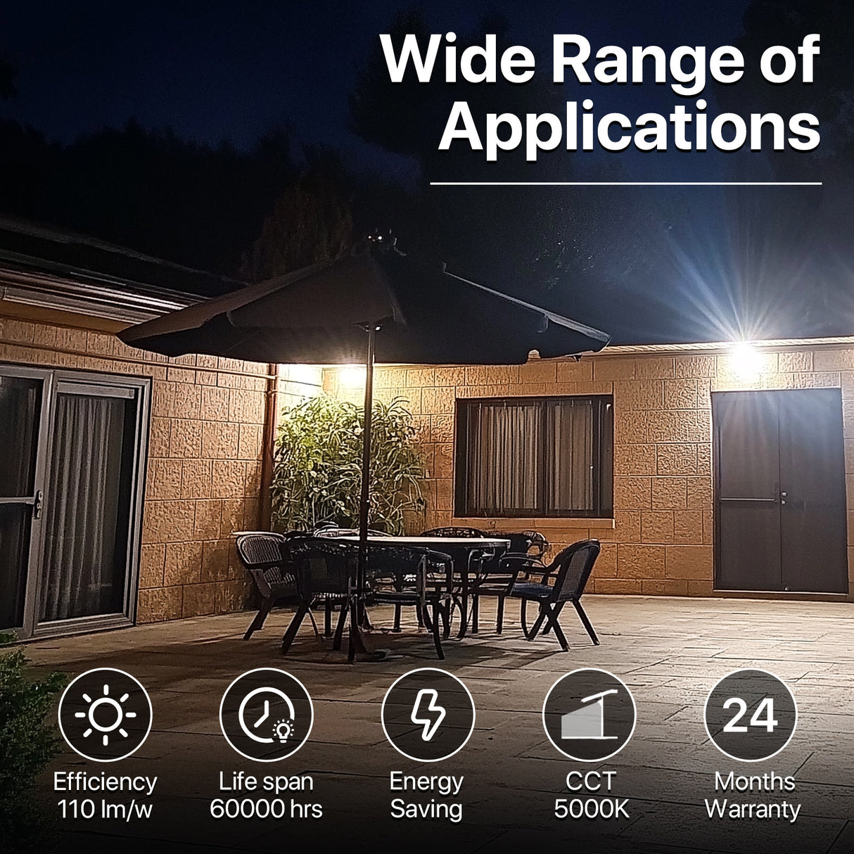 Hyperlite LED flood light illuminating outdoor patio