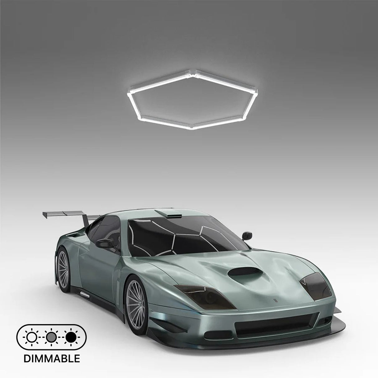Dimmable hexagon LED garage light illuminating a sports car, modern design