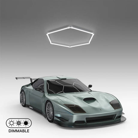 Dimmable hexagon LED garage light illuminating a sports car, modern design